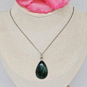 925 Sterling Silver Green Aventurine Stone Teardrop Pendant Chain Necklace 20"